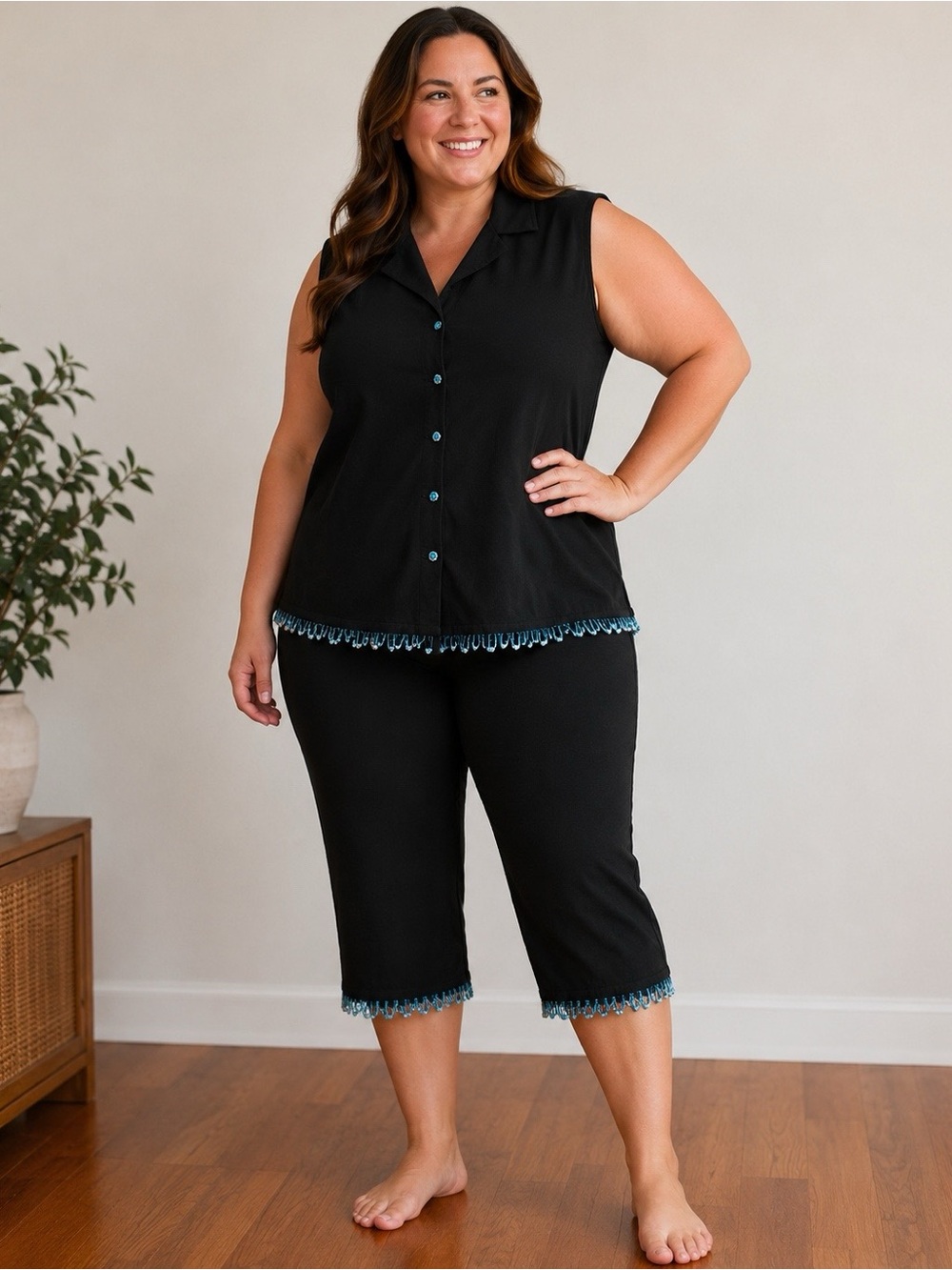 Ronni Nicole Petite Vest Capri 14 P Black Sequin Bead Dangles Southwest